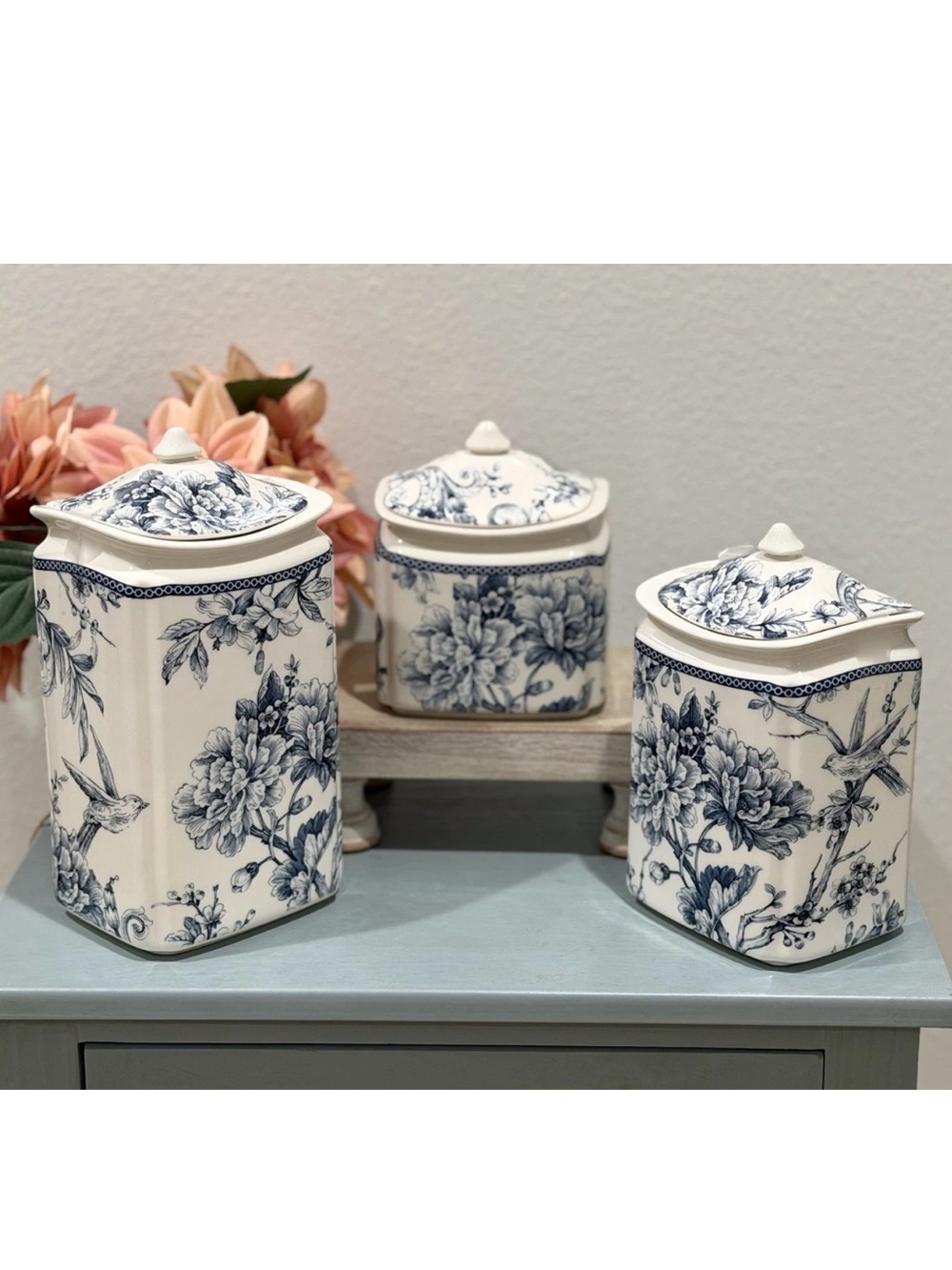 Set (3) 222 Fifth Adelaide Blue Bird Floral Canisters on White Background ~New~